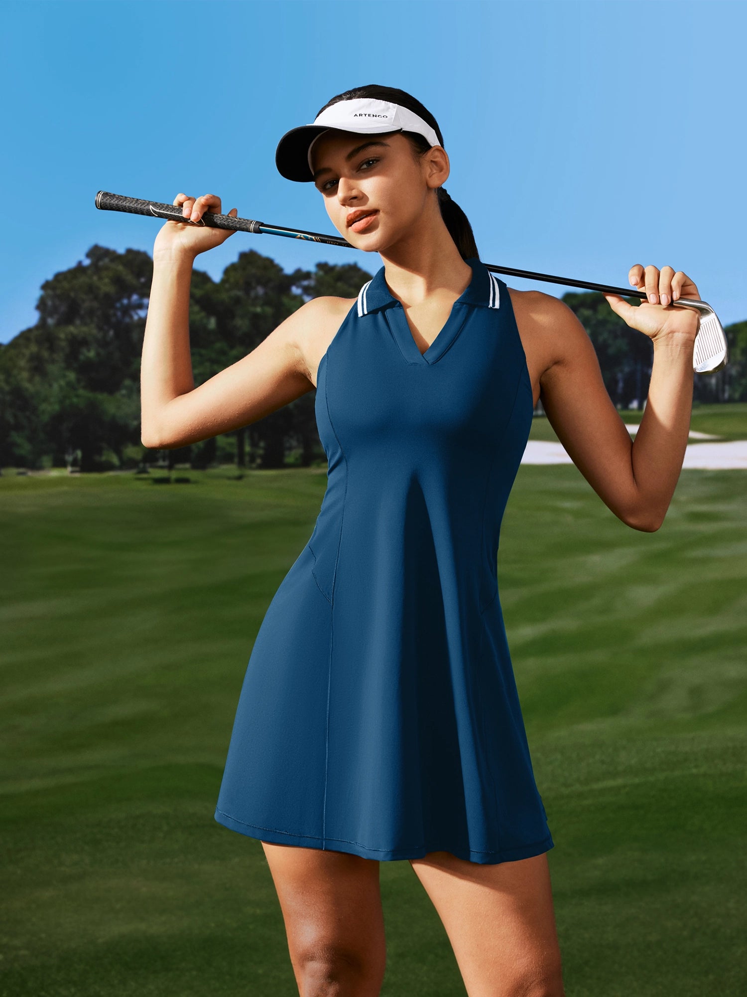 V-Neck Sleeveless Polo Tennis Dress Sea Blue Indigo