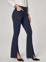 Split Front Flare Leg Work Pants Dark Blue