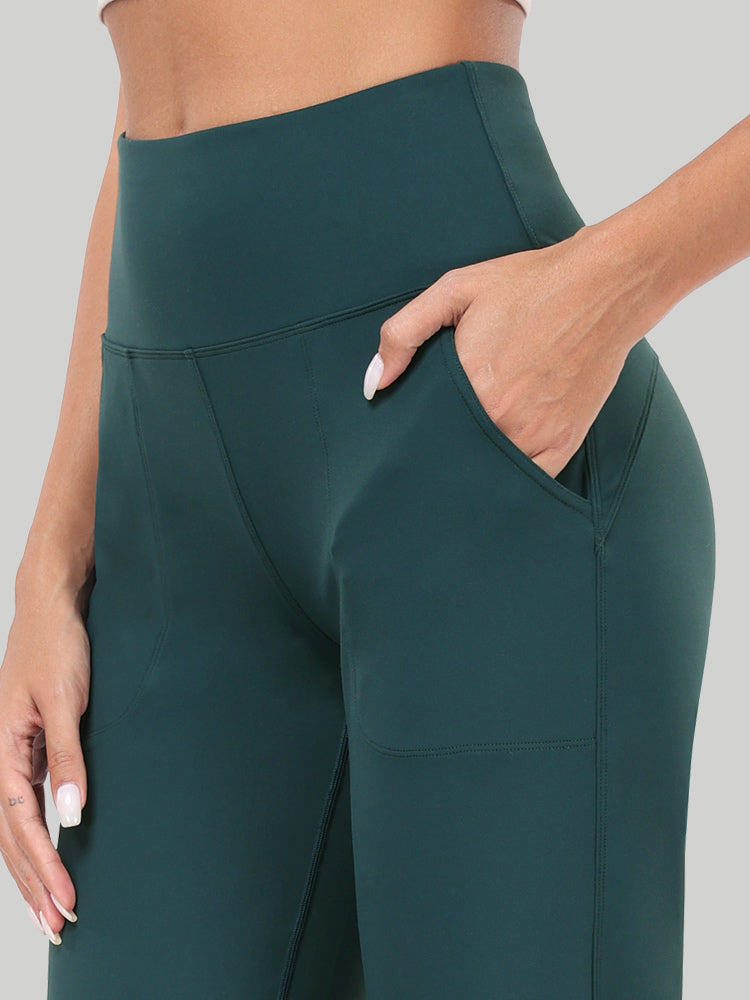 High Waisted Side Slit Wide Leg Yoga Pants Dark Forest Green