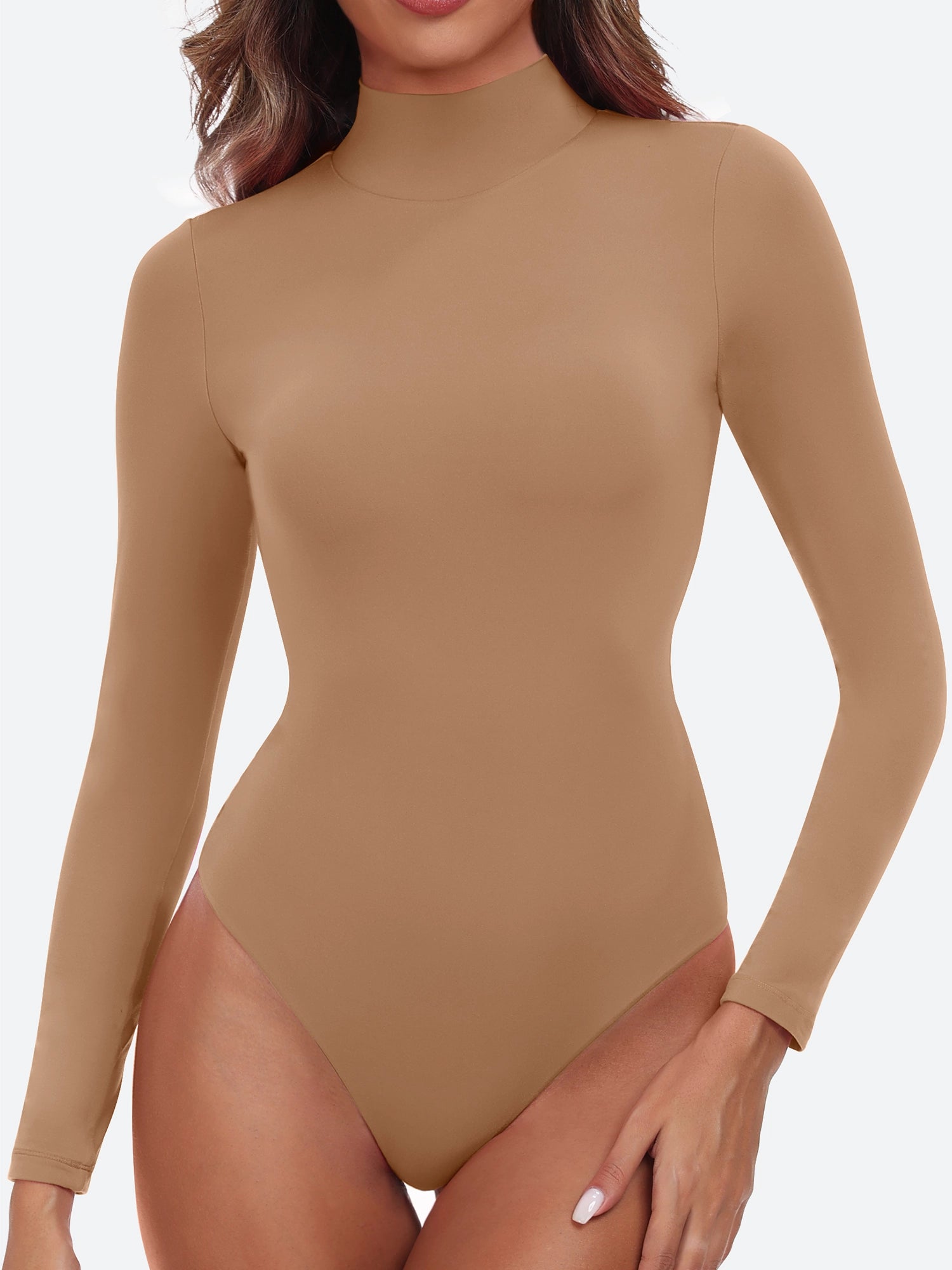 ButterLab™ Long Sleeve Mock Turtle Neck Bodysuits Latte