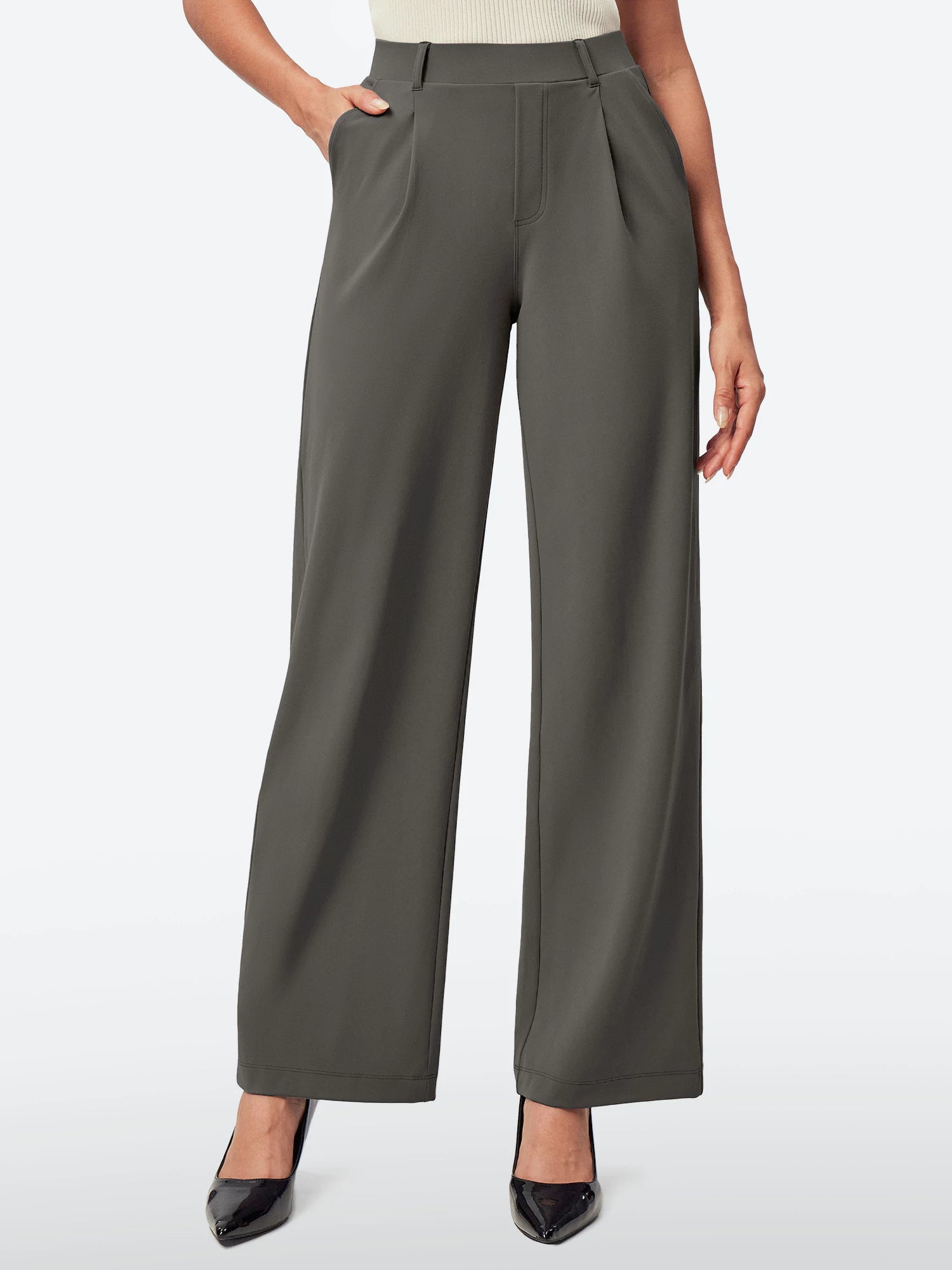 IUGA Wide Leg Pull On Stretchy Work Pants With Pockets - IUGA