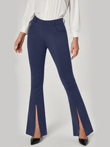 Split Front Flare Leg Work Pants Dark Blue