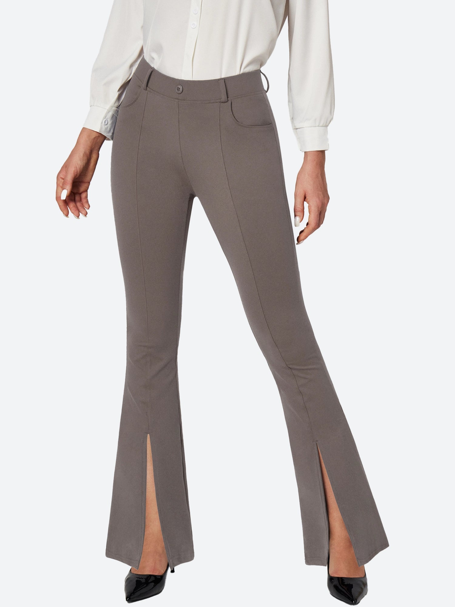 Split Front Flare Leg Work Pants Coffee