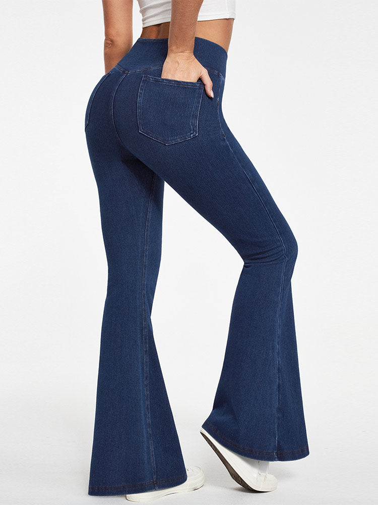 High Waist Crossover Flare Jeans Dark Blue