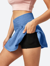 V-Waist Stretchy Ruffle Denim Skort Light Wash