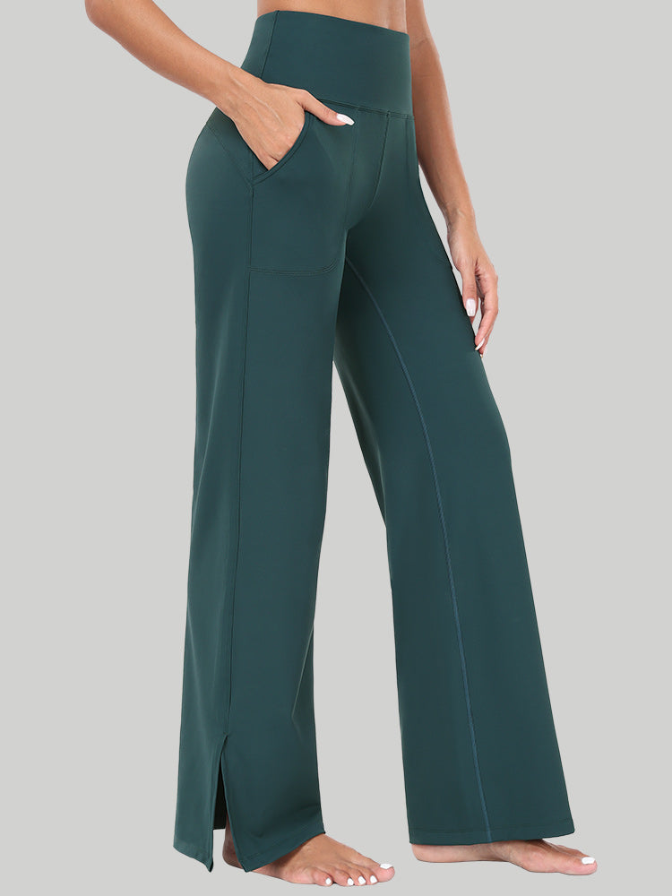 High Waisted Side Slit Wide Leg Yoga Pants Dark Forest Green