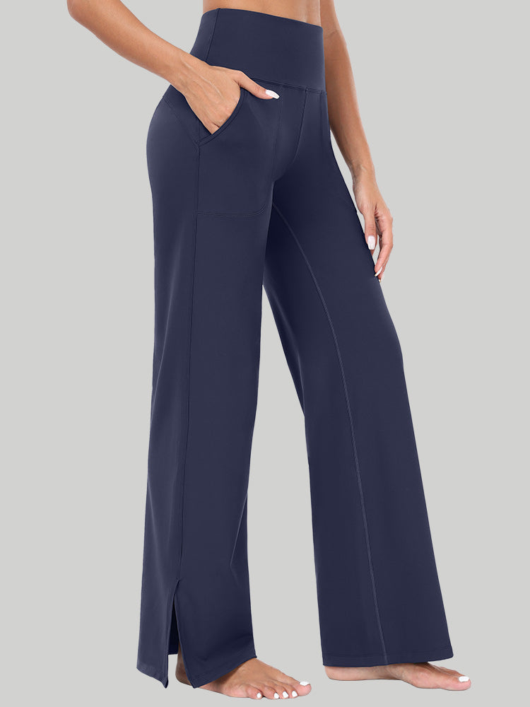 High Waisted Side Slit Wide Leg Yoga Pants Navy Blue