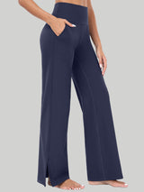 High Waisted Side Slit Wide Leg Yoga Pants Navy Blue